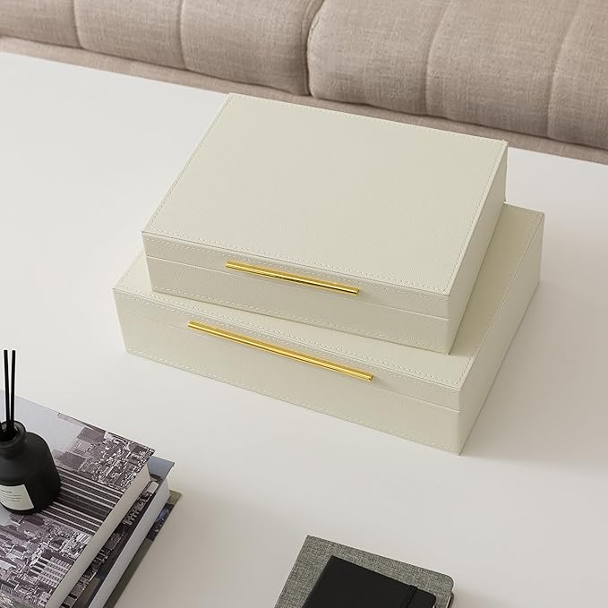 Soul & Lane Faux Leather Decorative Boxes with Lids and Gold Hardware for Home Decor, Set of 2 Stacking Hinged Boxes for Coffee Table and Living Room Shelves, Nesting Remote Control Holder, Ivory