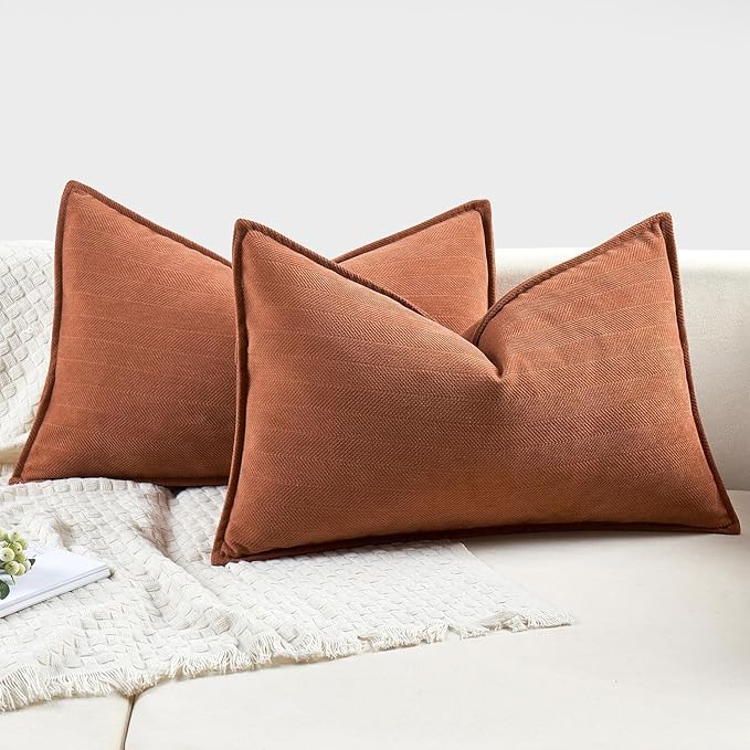 MIULEE Pack of 2 Burnt Orange Decorative Lumbar Pillow Covers 12x20 Inch Chenille Luxurious Couch Throw Pillows Farmhouse Cushion Covers with Elegant Design for Sofa Bed Living Room Home Decor