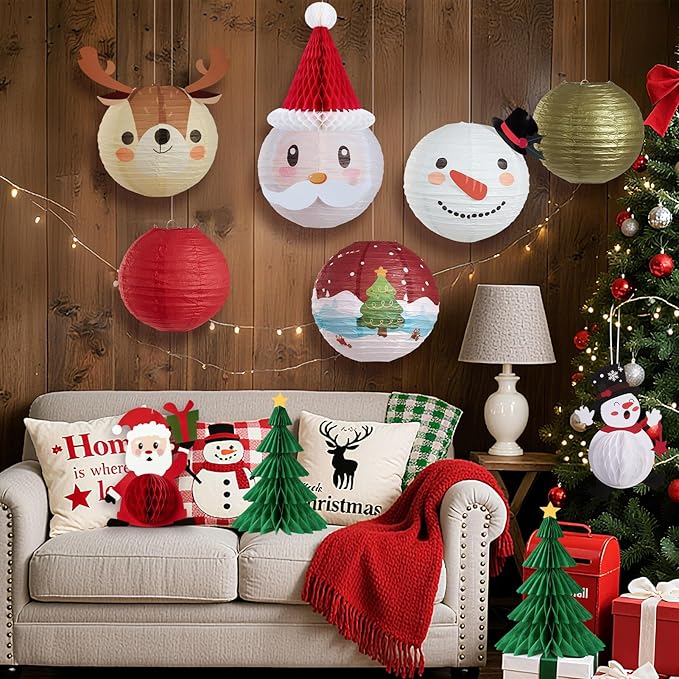 Christmas Hanging Paper Lanterns and Honeycomb Set, 11 PCS Santa Snowman Reindeer Theme Lanterns and Paper Christmas Tree Honeycombs, Holiday Ceiling Party Decorations for Home, Classroom