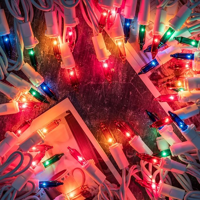 YULETIME 200 Multicolor Christmas Lights, Pack of 2 Sets 33 Feet 100 Count UL Certified Incandescent String Lights (Multicolor - White Wire)