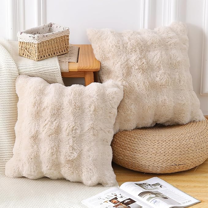 MADIZZ Pack of 2 Thick Plush Wool Throw Pillow Covers 22x22 Inch Beige Soft Neutral Decorative Throw Pillows Accent Boho Cushion Covers for Couch Sofa Bedroom Pillow Shell