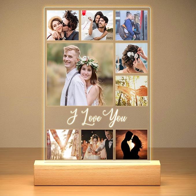 Custom Picture Frame with Photo, Personalized Photo Frame with Night Light, Customized Picture Frames, Christmas Anniversary Couple Gifts for Women Men Her Him Girlfriend Boyfriend