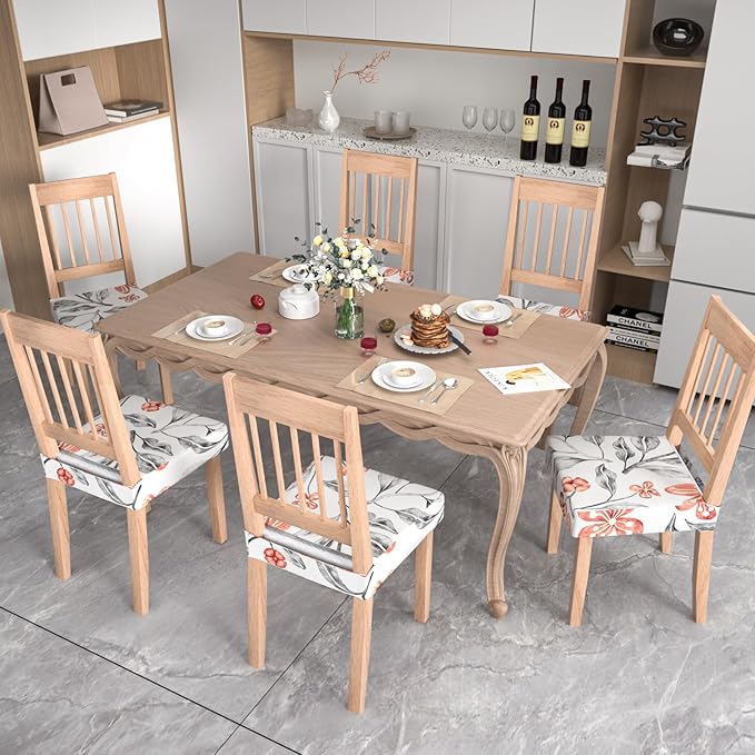 Stretch Dining Chair Seat Covers Set of 4,Dining Chair Slipcovers, Floral Printed Chair Covers,Soft Fabric Washable Upholstered Chair Seat Protector, No Rear Covers for Home Kitchen Dining Room
