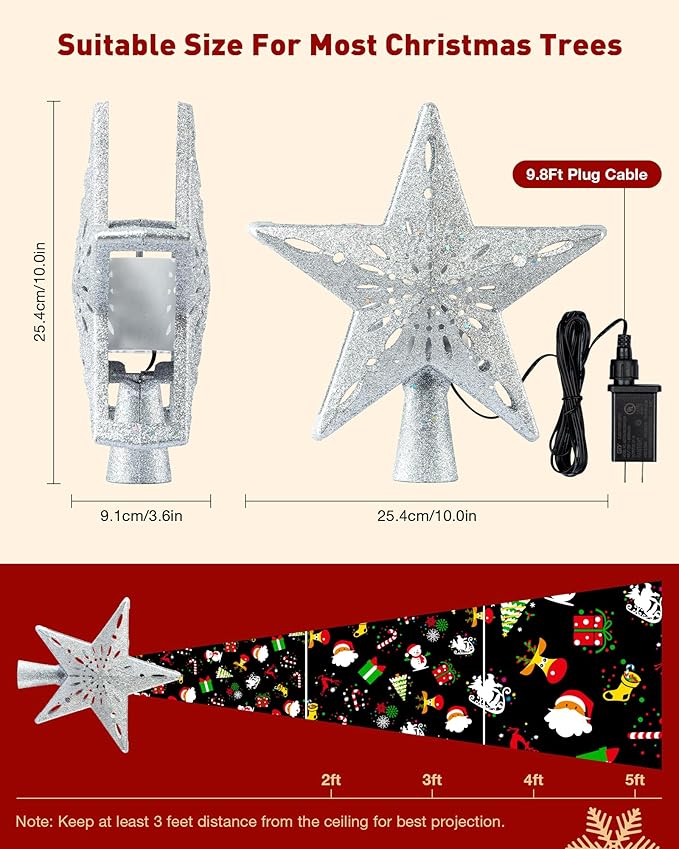 Christmas Tree Topper Lighted with 6 Patterns Projector, Christmas Star Tree Topper Built-in 3D Glitter LED Rotating Lights, Hollowed Christmas Tree Ornament for Xmas Party Holiday Decoration(Silver)