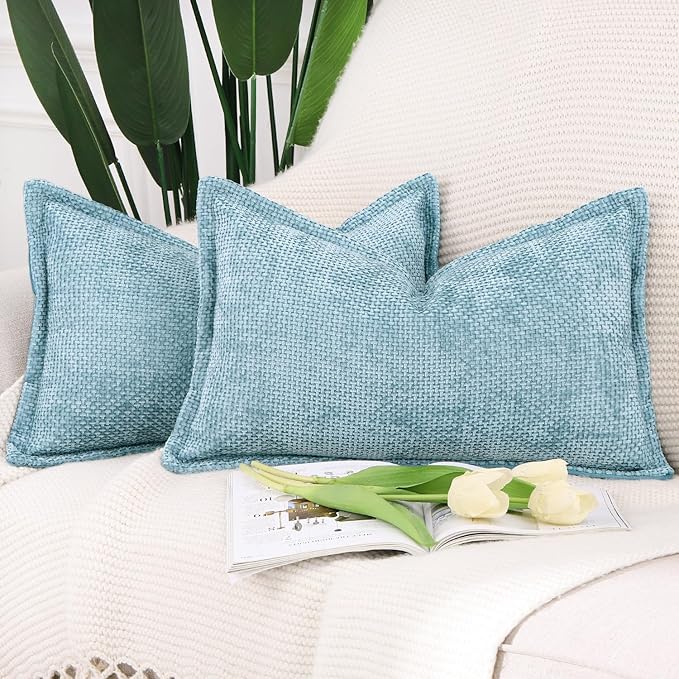 MADIZZ Chenille Velvet Throw Pillow Covers with Flange Set of 2 Super Soft Boho Textured Pillow Covers Decorative Throw Pillowcases Modern Farmhouse Home Decor for Sofa Bedroom Light Blue 12x20 Inch