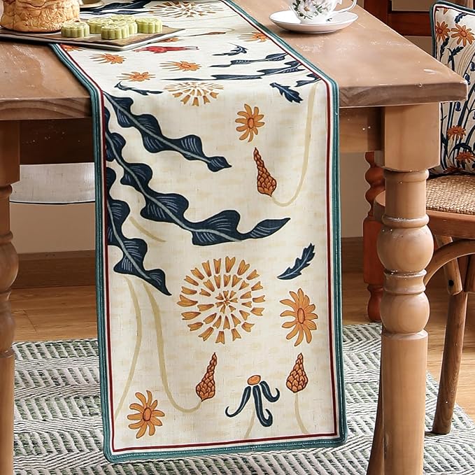 Beige Rectangular Christmas Table Runner 71 Inches Long,Farmhouse Linen Flower Table Runners with Orange and Red Floral,Fall Decorations for Home Thanksgiving Party.12*71"-Tijuana