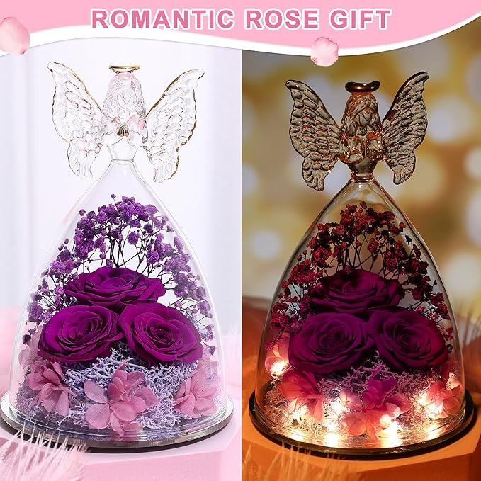 Christmas Rose Gifts for Women Preserved Real Flower in Glass Angel Figurines Roses for Delivery Prime Birthday Gifts for Mom Grandma Girlfriend Wife Her, Full Purple