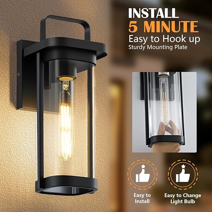 LETRY 2-Pack Outdoor Wall Lights, Porch Lights, Waterproof Outdoor Wall Sconce Lanterns, Exterior Lighting Fixtures Matte Black with Clear Glass Shade for House Patio Garage Doorway Entryway