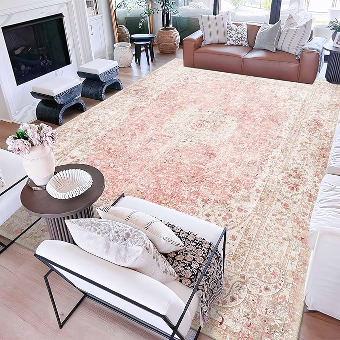 9x12 Area Rugs Washable,Pink Rug for Living Room Bedroom Dining Room,Large Boho Vintage Bohemian Distressed Carpet Non Slip,Blush
