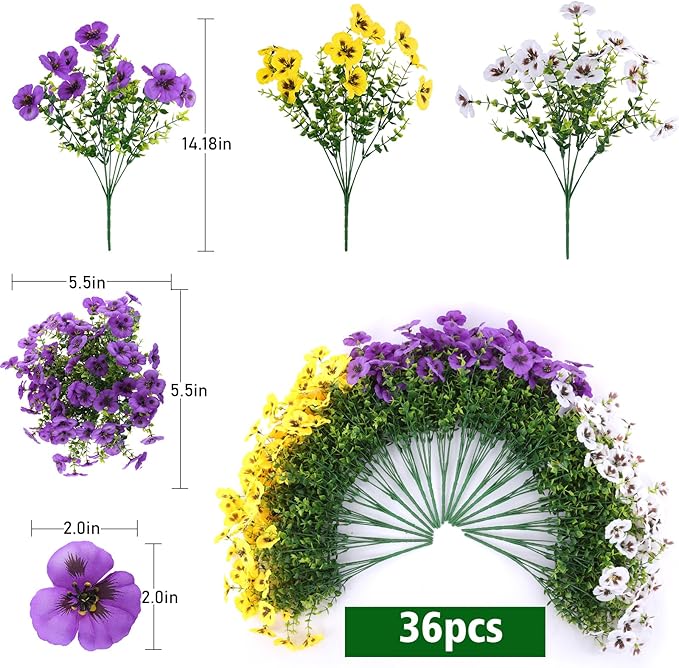 Artificial Fake Pansy Flowers for Outdoor, Faux Silk Pansies Spring Flowers for Outside for Planter Front Door Porch Yard Patio Window Box Home Decor (36, Purple, Yellow, White)
