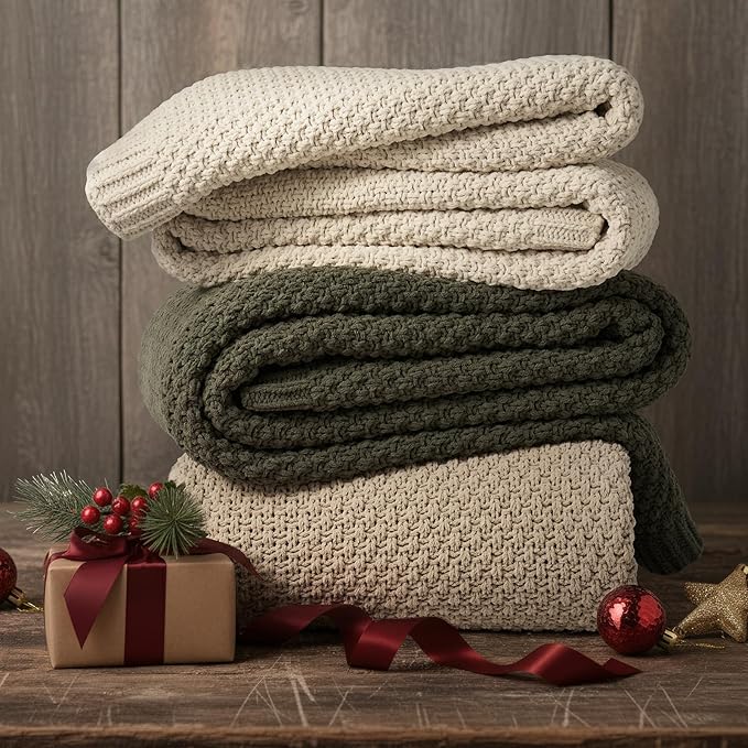 EVERGRACEHOME Chunky Chenille Knit Throw Blanket for Couch, Soft Luxurious Oversized King Moss Stitch Blanket for Bed, Large Cozy Farmhouse Knitted Throw for Sofa, Beige, 92" x 108"