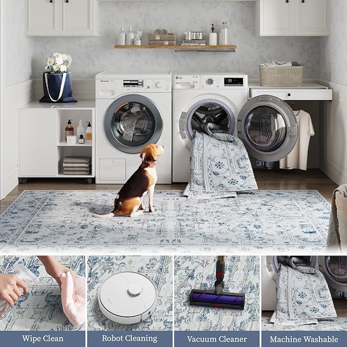 jinchan Lima Kitchen Runner Rug 3x8-2pcs, Bohemian Hallway Washable Rug Floral Non Slip with Rubber Backing Vintage Carpet Runner for Bedroom Bathroom Laundry Room Living Room Decor Blue