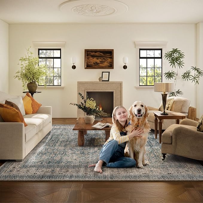 Machine Washable Living Room Rug: 8x10 Area Rugs for Bedroom Vintage Stain Resistant Non Slip Low Pile Lightweight Boho Carpet for Kitchen Dining Room Farmhouse Kids Room Nursery