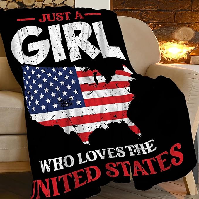 American Girl Throw Blanket Just A Girl Who Loves United States Decor Blanket Super Cozy Plush Lightweight Soft Plush Flannel Fleece Blanket Gifts for Girls Boys Kids Women for Sofa Bed Couch 60"X80"