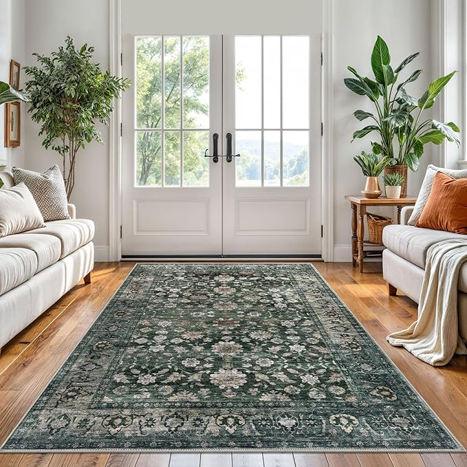 KUTA 5x7 Area Rugs Dark Green, Vintage Washable Rugs for Living Room Ultra Thin Soft Non-Slip Printed Distressed Tribal Traditional Farmhouse Carpet for Bedroom Dining Room Dorm Office Home