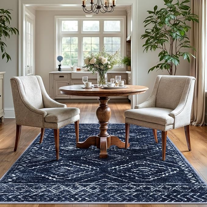 KILOCOCO Area Rug 4'x6' Entryway Rug Washable Bedroom Rugs Non Slip Printed Boho Low-Pile Rubber Backed Blue Soft Rugs for Kitchen Living Room Dining Geometric Moroccan Carpet, Dark Blue