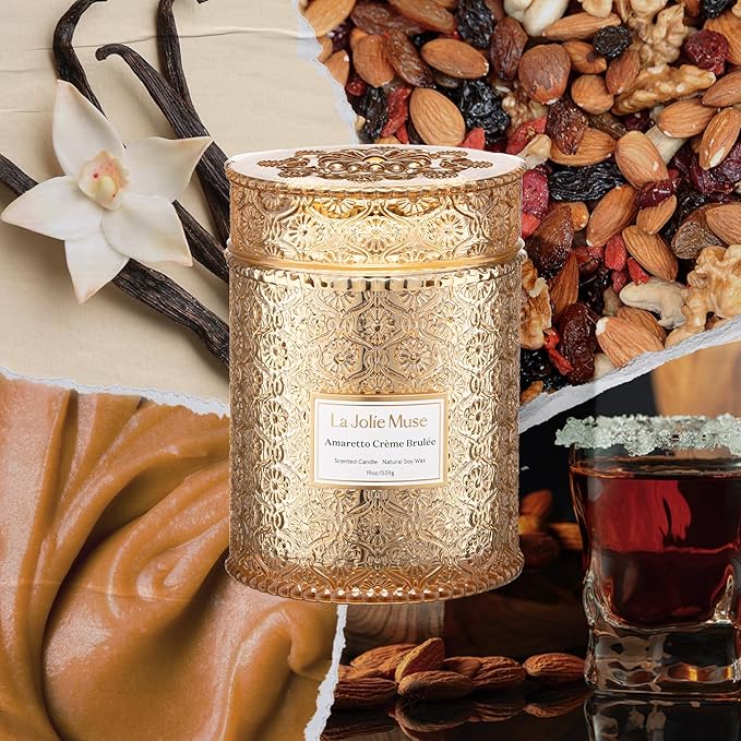 LA JOLIE MUSE Christmas Candle | Amaretto Crème Brûlée | Almond Liqueur, Dried Fruit & Caramel | 19 oz Wooden Wick | 90 Hours Clean Burn | Candle Gift for Christmas Holiday