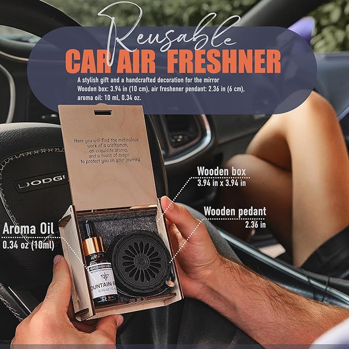 Handmade Wood Car Air Freshener — Best Wheels Designed Refillable Essential Oil Diffuser — Long Lasting Mountain Rain Fragrance Oil 10 ml — Car Accessories Gift Box