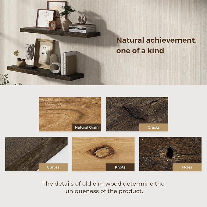 55 Inch Floating Shelves for Wall, Solid Elm Wood Wall Shelf for Home Decor, 8 Inch Deep Floating Shelf for Storage, 55 x 8 Wooden Shelves for Bathroom Living Room Kitchen, Walnut Color, Set of 1