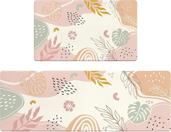 Boho Kitchen Rug Mats for Floor Cushioned Anti Fatigue Pink Kitchen Rugs Sets of 2 Botanical Non Slip Waterproof Comfort Memory Foam Standing Floor Mat for Office Laundry Sink Desk