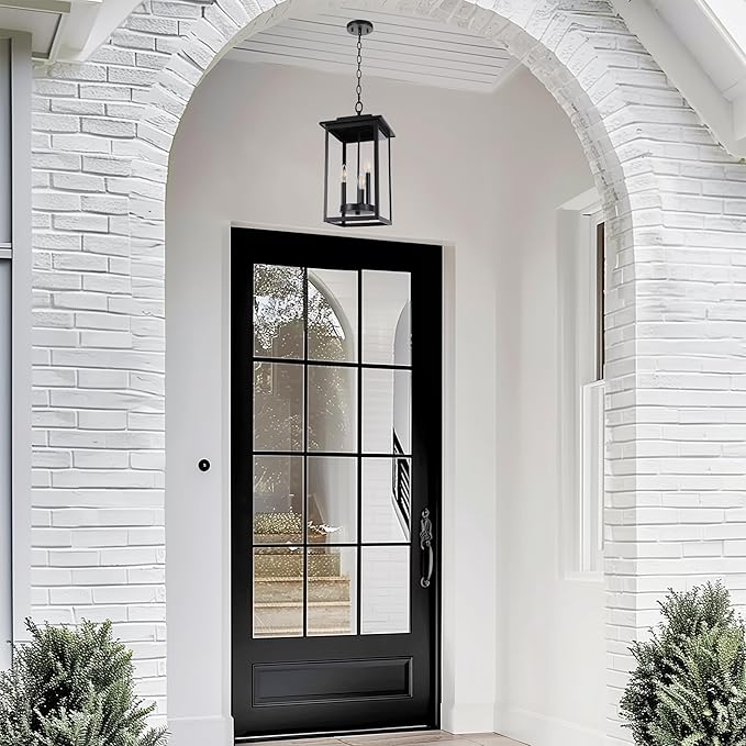 LamQee Large Outdoor Pendant Lights for Porch, 3-Lights Matte Black Outdoor Chandelier Lighting Fixture, Modern Exterior Ceiling Hanging Lantern with Glass, for Front Door Patio Gazebo Entryway Foyer