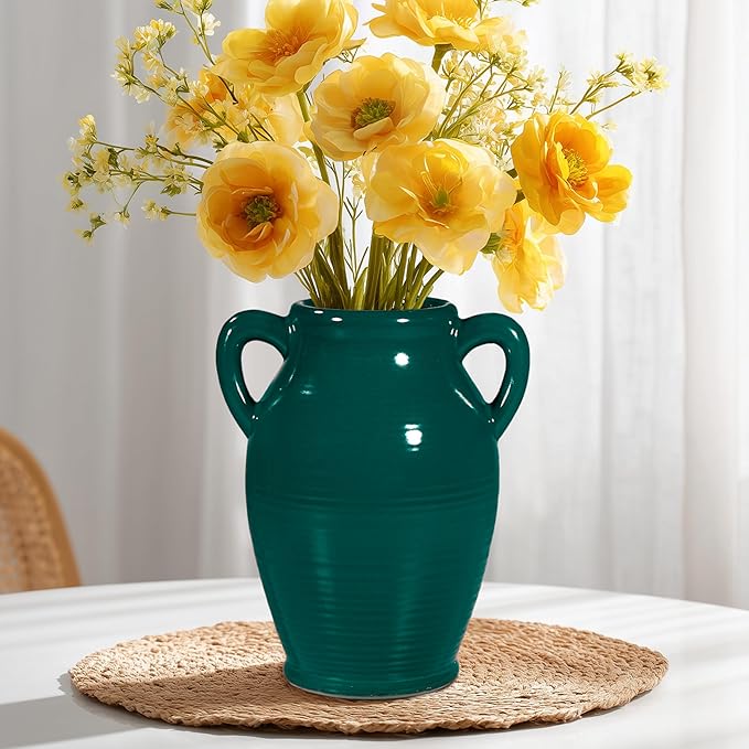 Sunddo Modern Ceramic Vase for Decor - 8 Inch Green Decorative Vase with 2 Handles, Pampas Grass Vases for Centerpieces, Living Room,Table Dining, Mantle, Console, Kitchen Decor