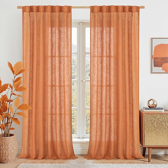 LAMIT Burnt Orange Sheer Linen Curtains, 84 inch Light Filtering Semi Sheer Panels Back Tab and Rod Pocket Farmhouse Rust Drapes for Bedroom/Living Room, 2 Panels, 52 x 84 Inch