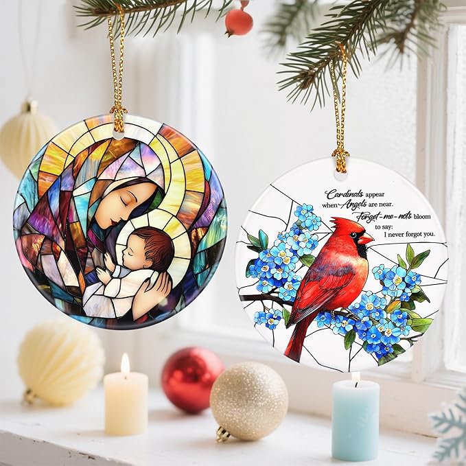 Religious Christmas Tree Decorations - Christmas Ornaments, Keepsake Ornaments, Holiday Decor & Christian/Religious Gifts, Holiday or Xmas Gifts - Baby Jesus and The Blessed Virgin Mary