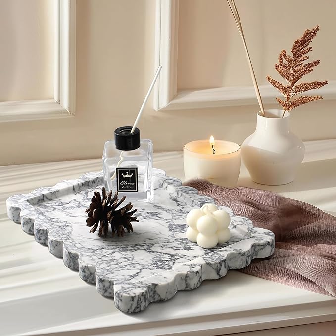 Genuine Scalloped Marble Tray, Real Natural Marble Stone Tray, Luxury Decorative Trays for Bathroom, Dresser, Vanity, Kitchen, Home Decor, 10.6" x 8", Calacatta Gray