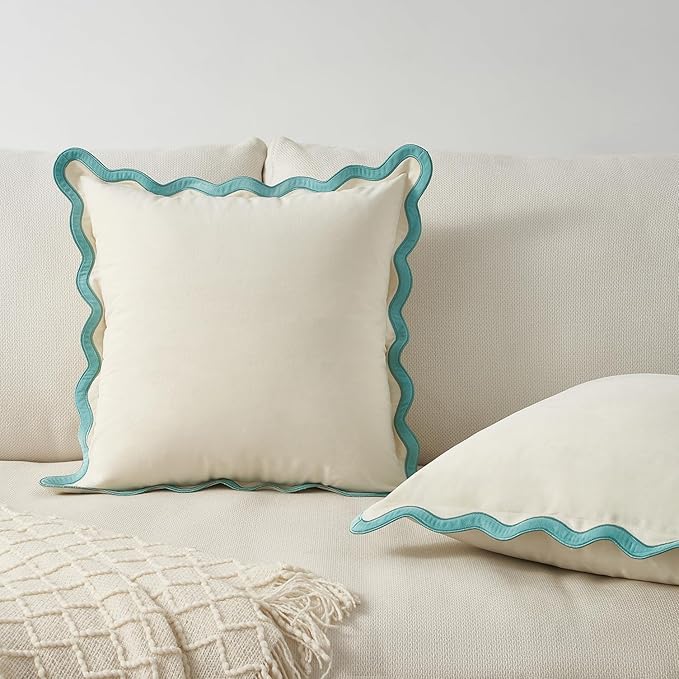 MONDAY MOOSE Decorative Throw Pillow Covers Cushion Cases, Set of 2 Soft Velvet Scalloped Wavy Edge Designs, Mix and Match for Home Decor, Pillow Inserts Not Included (18x18 inch, White/Light Blue)