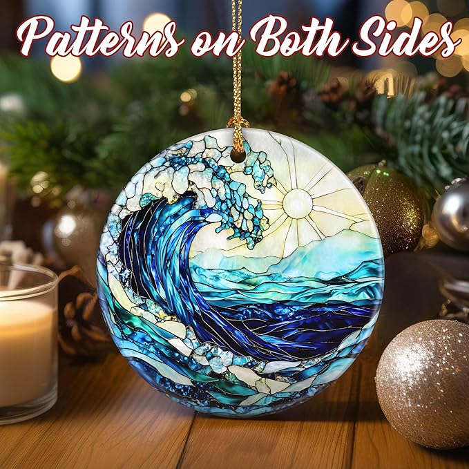 Christmas Ornaments, Dodosky 2.8in Ceramic Ocean Waves Ornament, Xmas Decor, Christmas Tree Ornaments, Xmas Decorations for Tree, Holiday Ornament, Beach Lover Gift, Gifts for Friends Family
