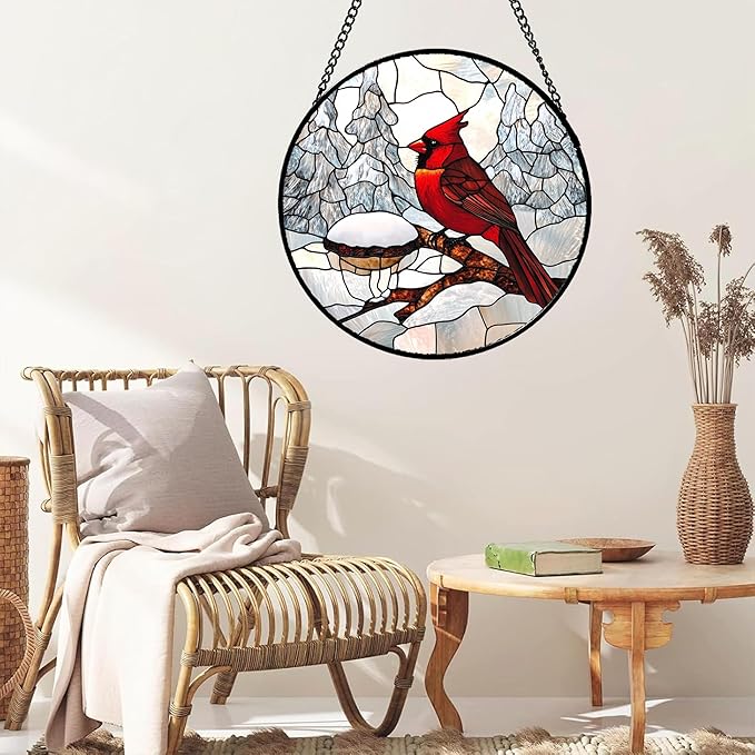 Stained Glass Window Hanging Cardinal Bird Winter Snow Scene Large 15" - Suncatcher Door Garden Sunroom Sun Catcher Home Decor Birthday Christmas for Mom Men Woman Nana