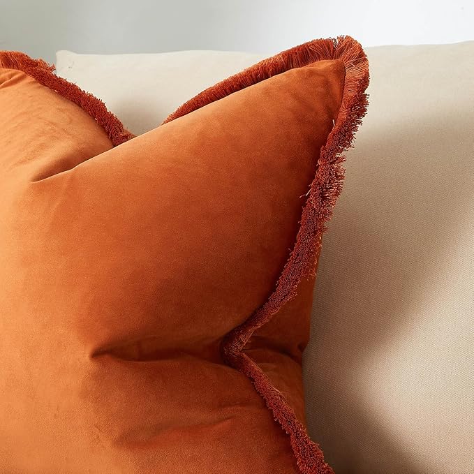 JUSPURBET Rust Velvet Throw Pillow Covers 24x24 Inch Set of 2 with Soft Tassel Fringe Luxury Boho Pillowcase for Sofa Couch Bed Home Decor Machine Washable