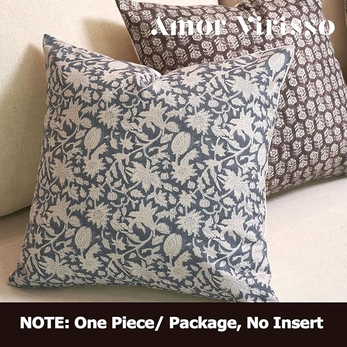 Amor Virisso Throw Pillow Covers 20x20 Floral Pillow Covers Block Print Farmhouse Neutral Pillow Covers Decorative Accent Throw Pillows for Couch Bed Living Room Sofa Pillows 1PC, Dusty Blue