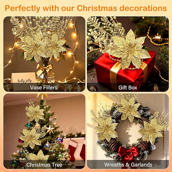 18 Pack Christmas Tree Ornaments Set, 17.5 Inch Gold Fake Christmas Picks Decorations with 2 Styles, Artificial Glitter Berry Stem Ornaments for Christmas Tree Wedding Small Vase Wreath Decor