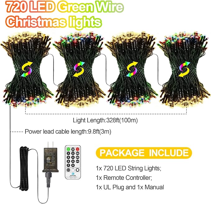 Christmas Lights Warm White to Multicolor, 328 FT 720 LED Outdoor Waterproof Christmas Tree Lights Remote Timer 11 Modes, Green Wire Plug Fairy Lights Indoor Twinkle String Lights Xmas Decorations