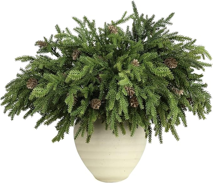 12 Pcs Christmas Greenery Stems with Pinecones Soft Bendable Naturally Droop Realistic Artificial Pine Stems Christmas Pine Branches Picks Faux Cedar Stems for Vase Garland Wreath Table Home Decor(12)