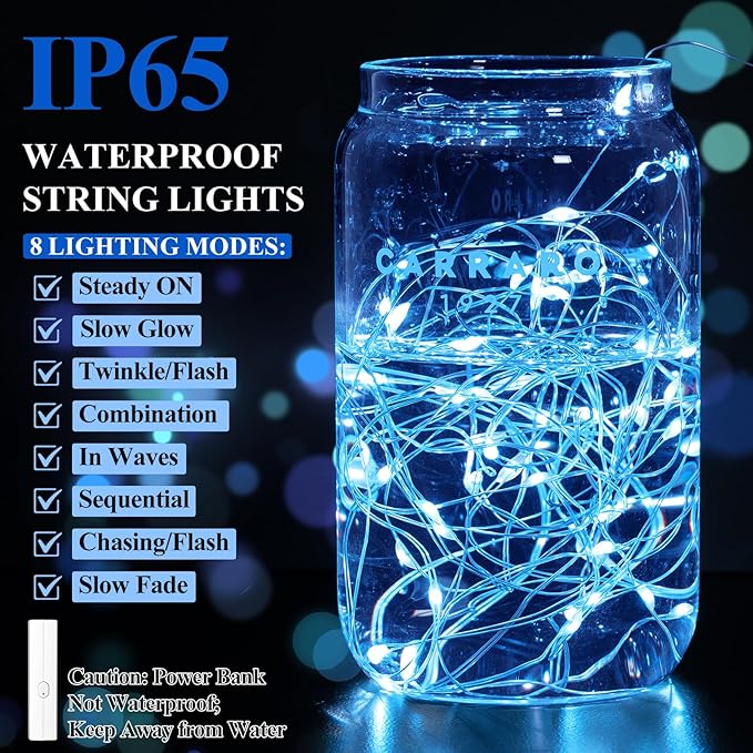 Lakumu 32FT(16 * 2) LED String Lights Battery Operated, Rechargeable Fairy Lights with Timer, Mini Twinkle Lights for Bedroom, Christmas, Wedding,Centerpiece Table Decor Blue