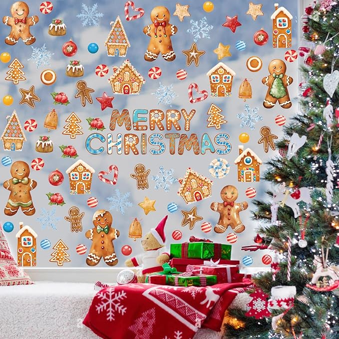 Christmas Window Clings Gingerbread Man,Merry Christmas Wall Stickers,Gingerbread Cookie Window Stickers Candy,Xmas Snowflake Wall Decals for Party Home Living Room Bedroom