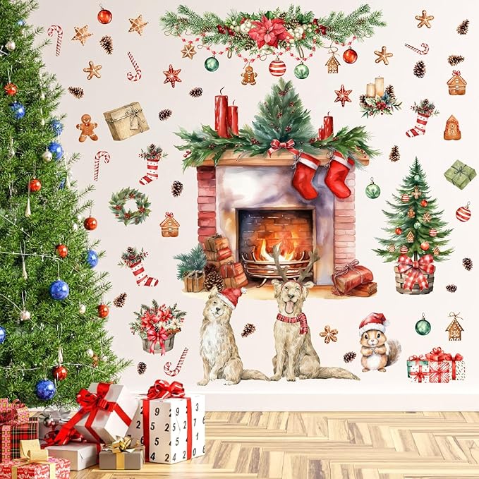 Christmas Wall Decals Merry Christmas Wall Stickers Fireplace Stickers Christmas Pine Tree Decals for Wall Removable Winter Animals Walls Art Decor for Xmas Party Supplies Living Room Home