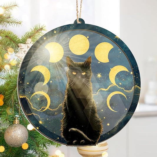 GEEMBI Christmas Black Cat Gifts for Women Men - Suncatcher Christmas Ornaments 2025 for Tree Decorations - Black Cat Ornament for Halloween, Witchy Mystical Gifts for Women, Moon Phase Gothic Decor