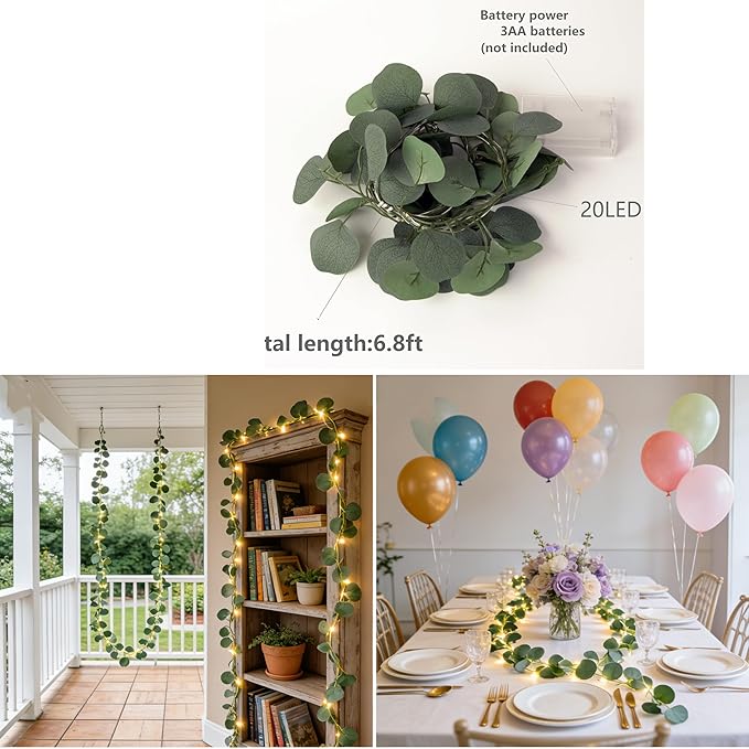 Artificial Eucalyptus Leaves Foliage String Lights 6.6Ft 20 LED Fairy Leaf Lights Warm White Greenery Vines Garland and Table Runner, Battery Operated Wedding Backdrop Wall Decor