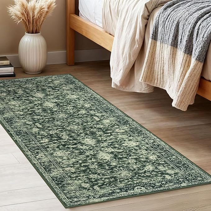 KILOCOCO Hallway Runner 2x5 Kitchen Runner Rug Printed Vintage Floral Washable Non-Slip Runners for Hallways Laundry Room Rugs Distressed Boho Rug Runners for Bedroom, Green