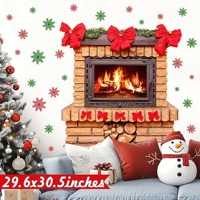 Large Christmas Wall Stickers Christmas Wall Decoration Vinyl Decals Realistic Bow Fireplace Decal for Walls Peel and Stick Indoor Snowflakes Xmas Art Murals for Living Room Holiday Party Supplies