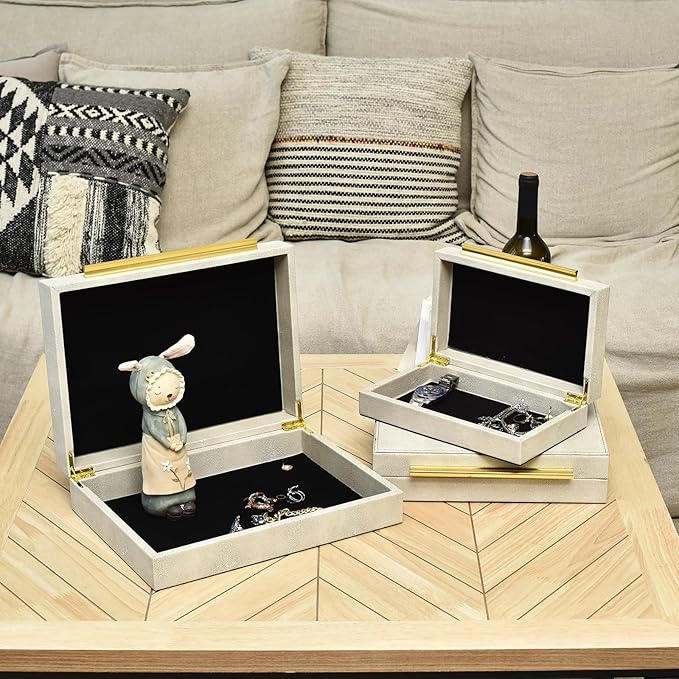 Faux Shagreen Decorative Storage Boxes – Set of 3 Stackable Jewelry Organizers with Gold Metal Handles & Velvet Lining, Modern Ivory White Box for Vanity, Entryway & Coffee Table Décor