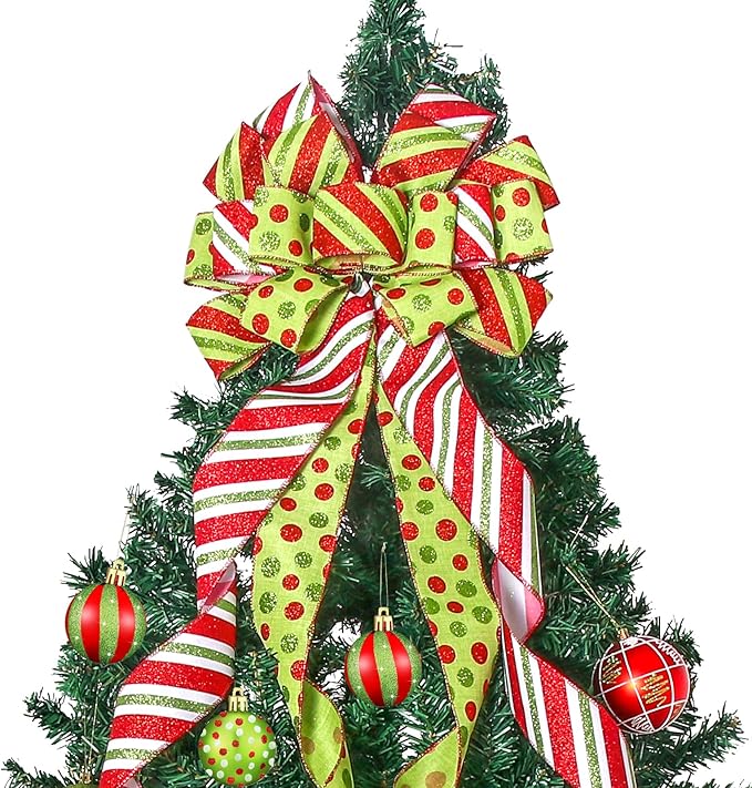 Christmas Tree Topper Wreath Bow Large Green Christmas Bow Tree Topper with Red Green Dot Patterned Gift Bows for Xmas Ornament Holiday Home Thanksgiving Indoor/Outdoor Decoration 52"x13"