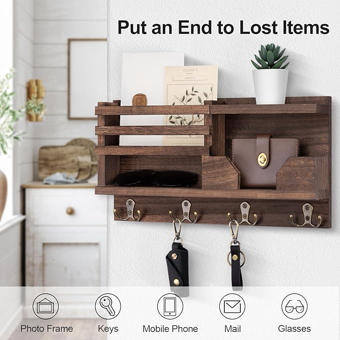 Mail and Key Holder for Wall – Decorative 15.9” x 8.7” x 3.2” Entryway Organizer with Shelf – Paulownia Wood with 4 Dual Hooks Includes Mounting Hardware and Installation Guide