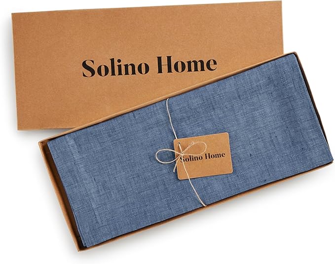 Solino Home Linen Table Runner 72 Inches Long - Athena, 100% Pure Linen Blue Denim Dining Table Runner 14 x 72 Inch for Winter, Spring, Easter