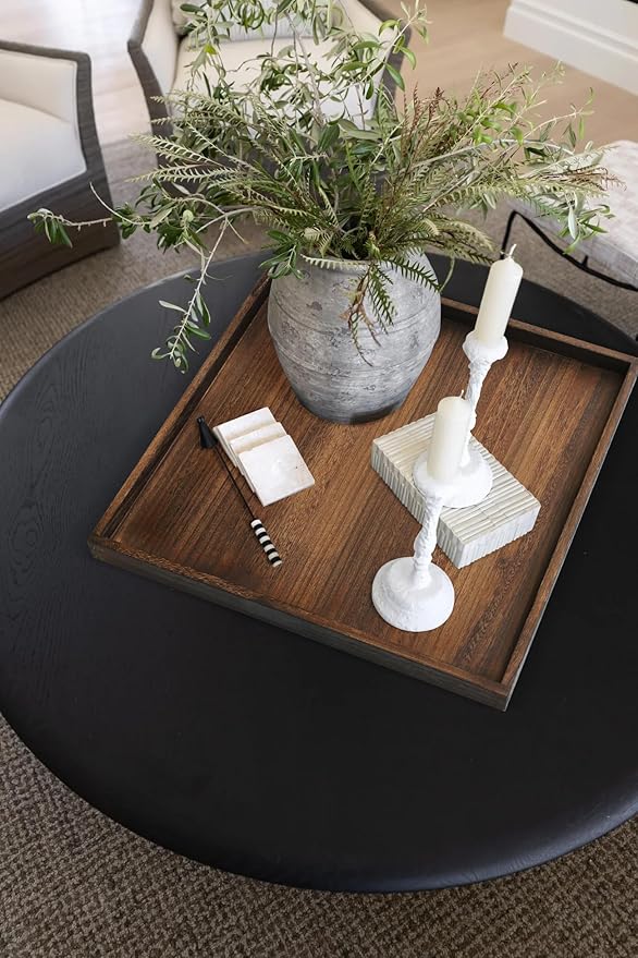 Square Wood Ottoman Serving Tray 24" - Rustic Wooden Table Tray for Farmhouse Decorative Oversized Coffee Table Trays Living Room Kitchen Counter Breakfast Brown