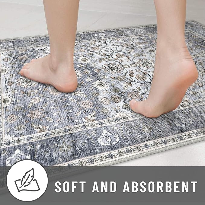 KUTA Vintage Floral Washable Hallway Runner, 2x7 Runners for Hallways Non-Slip Kitchen Rugs Grey Blue Ultra Thin Soft Printed Distressed Oriental Floor Carpet for Laundry Bedroom Living Room Nursery